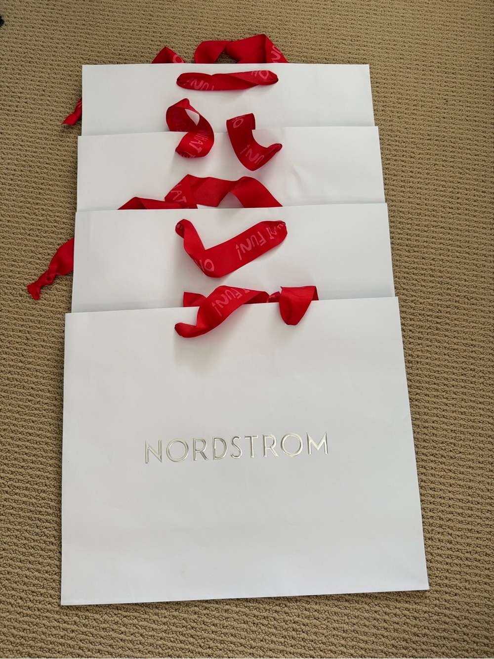 4 Large Nordstrom White Tote with Red Ribbon Handles